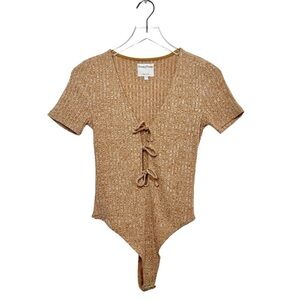 Privacy Please Tan Tie Front Women’s Cutout Thong Ribbed Bodysuit Sz S